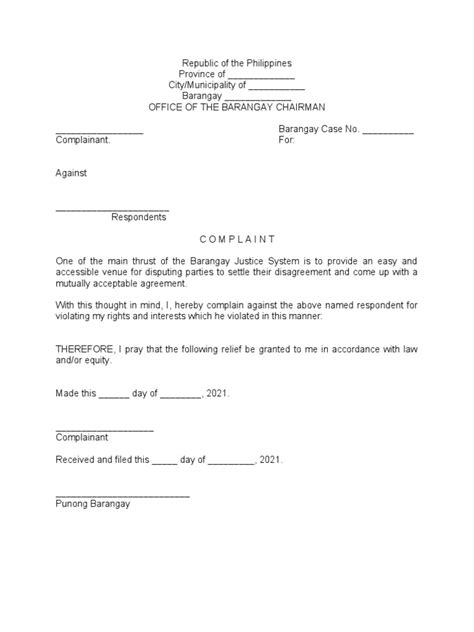 sample complaint letter to barangay captain tagalog|Complaint Letter To Barangay .